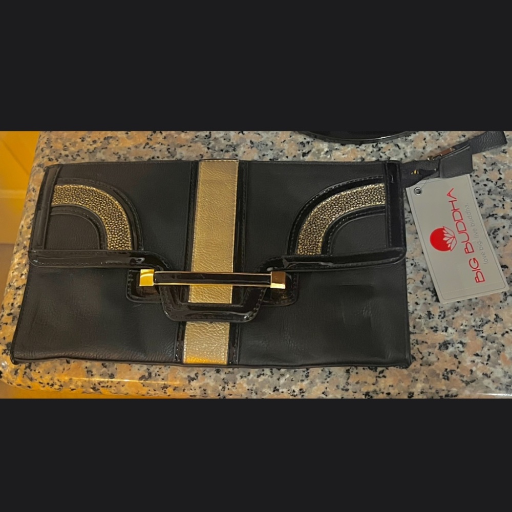 Big Buddha Black Gold clutch envelope purse new with tags